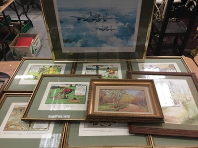 Lot 575 - Group of pictures to include seven Golfing prints after Charles Crombie, oil on board signed WF, watercolour by Carnaby and a signed print of The Lancaster V.C.s by Robert Taylor