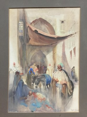 Lot 288 - Bernard Harper Wiles (1883-1966), watercolour, figures outside bazaar, signed