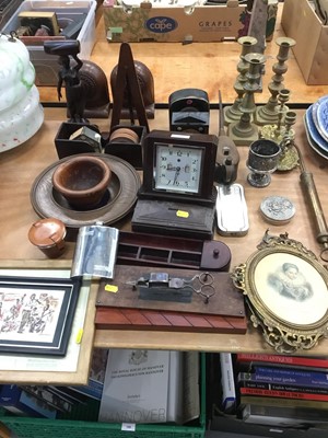 Lot 453 - 1930s electric Bakelite clock , brass candlesticks and sundries