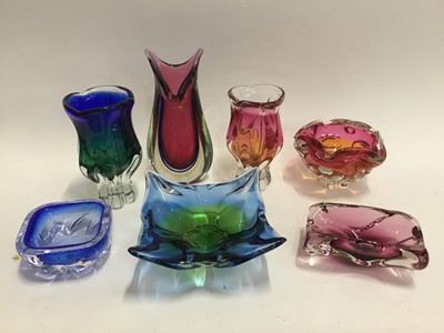 Lot 576 - Seven Czechoslovakian/Bohemian studio/art glass vases and dishes