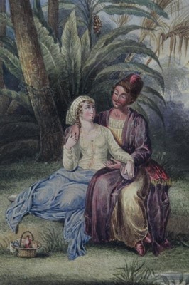 Lot 123 - Early 19th century watercolour of courting couple, signed with monogram