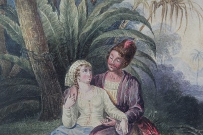 Lot 57 - Early 19th century watercolour of courting couple, signed with monogram