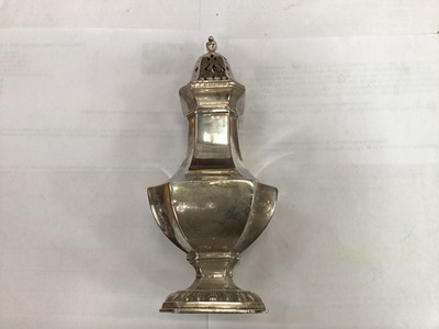 Lot 639 - Impressive silver sugar caster with pierced cover on shaped square foot