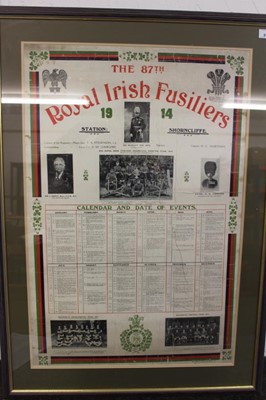 Lot 879 - Pre First World War The 87th Royal Irish Fusiliers 1914 Station Shorncliffe poster with calendar and date of events, mounted in glazed frame, 105 x 74cm overall