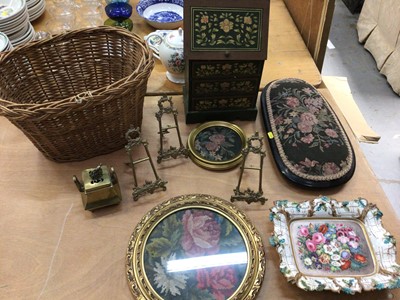 Lot 606 - Sundry items, including a Chinese bronze censer, a 19th century English porcelain dish, a basket, embroideries, etc