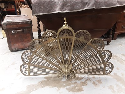 Lot 607 - Brass fan fire screen with gargoyle decoration, and a set of brass fire tools
