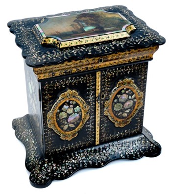 Lot 828 - Victorian papier mâché sewing / jewellery cabinet