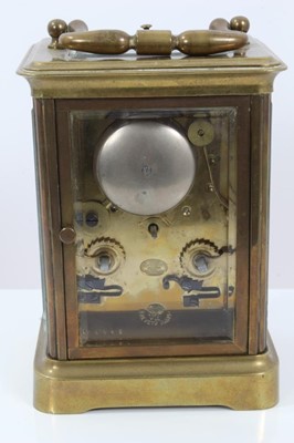 Lot 604 - Late 19th century carriage clock with eight day, repeat movement, and lever escapement, striking on a bell, backplate with Japy Frères et Cie trademark and stamped with sun face and VR Brevete Pari...