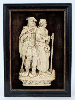 Lot 832 - An early 18th century, German carved ivory relief of a blind beggar and his wife, in the manner of Johann Christoph Ludwig Lucke (1703 Dresden - 1780 Danzig). The standing figures, intricately carv...