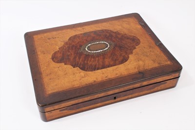 Lot 833 - 19th century decorative rosewood box, inlaid with panels of burr walnut and satinwood, similarly decorated, hinged domed lid, with central escutcheon and mother of pearl and engraved brass surround...