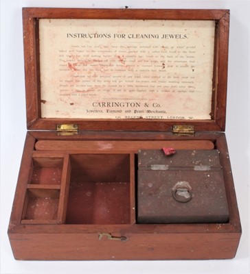 Lot 837 - Unusual Victorian jewellery cleaning kit, containing original metal boxwood saw- dust container, and two camel hair brushes in a fitted Mahogany box with Carrington & Co. Jewellers, Diamond and Pea...