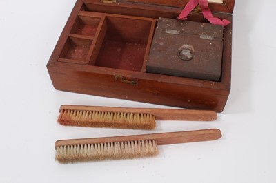 Lot 837 - Unusual Victorian jewellery cleaning kit, containing original metal boxwood saw- dust container, and two camel hair brushes in a fitted Mahogany box with Carrington & Co. Jewellers, Diamond and Pea...