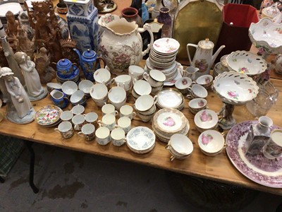 Lot 608 - Sundry items, ceramics including Royal Albert, Nao lamps, etc, carved wooden Eastern figures, etc