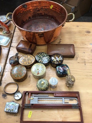 Lot 693 - Copper preserve pan, Negretti & Zambra thermometer, decorative trinket boxes and sundries