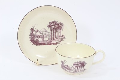 Lot 136 - A creamware printed tea cup and saucer, circa 1780-90