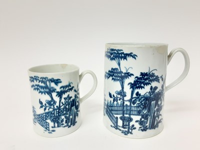 Lot 209 - Two Worcester blue and white Plantation pattern mugs, circa 1760