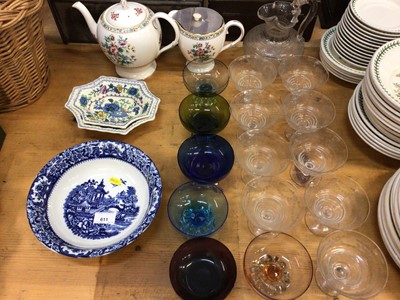 Lot 611 - Small collection of ceramics and glassware, including an etched Etruscan style jug, sets of coloured and clear glass Sundae glasses, etc