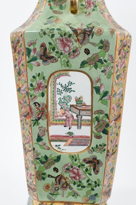 Lot 167 - Large and rare early 19th century Mason's Ironstone vase, decorated in the Chinese famille rose style, with panels on each side containing Chinese figures and pseudo-calligraphy, on a celadon...