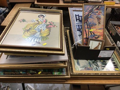 Lot 618 - Quantity of glazed and framed needlework pictures including three large L S Lowry, scenes of daily industrial life, contemporary samplers, floral etc.