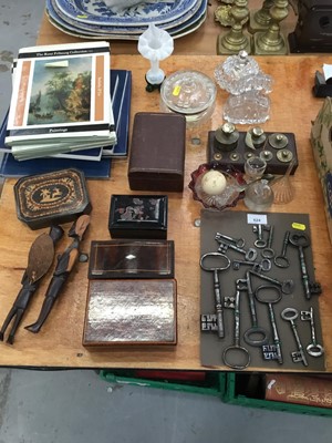 Lot 624 - Collection Antique keys, boxes, set postal weights in stand and sundries