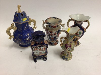 Lot 665 - 19th century Masons and Masons-style pottery, including four vases and a scent bottle, the largest vase unmarked, the rest with stamped marks (5)