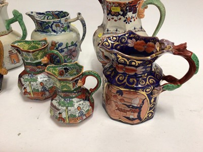 Lot 667 - Seven 19th century Masons Ironstone jugs, some with serpent handles, various patterns, sizes and marks