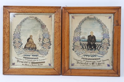 Lot 824 - Highly unusual pair of Victorian ‘specimen of penmanship' satin panels