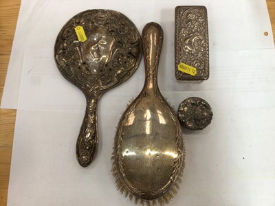 Lot 730 - Silver backed hand mirror, silver backed brush, silver topped vanity jar and vintage camera