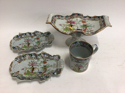 Lot 672 - Early 19th century Masons Ironstone wares, including a pair of leaf-shaped dishes, a dessert stand measuring 36cm wide, and a cider mug, all printed and enamelled with the same Oriental pattern, pr...