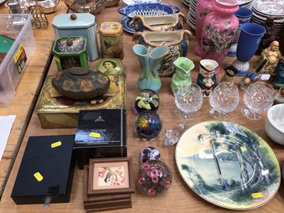 Lot 733 - Group of ceramics to include Wedgwood Jasperware, Vintage tins, art glass paperweights, two wooden work boxes and sundries