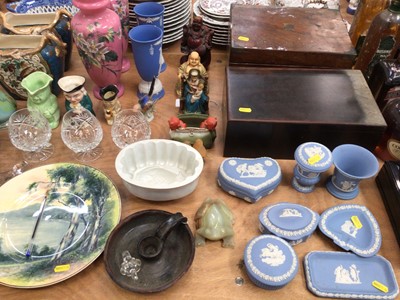 Lot 733 - Group of ceramics to include Wedgwood Jasperware, Vintage tins, art glass paperweights, two wooden work boxes and sundries
