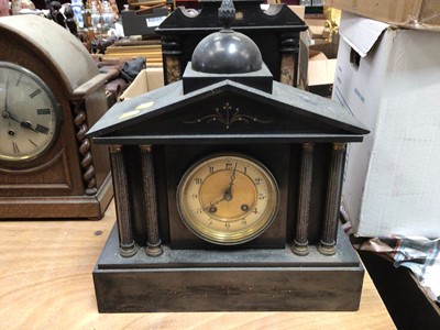 Lot 738 - Two black slate mantel clocks together with another oak cased mantel clock (3)