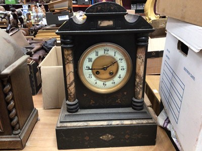 Lot 738 - Two black slate mantel clocks together with another oak cased mantel clock (3)