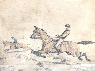 Lot 185 - Henry Alken pencil and watercolour - steeple chasing - maple frame