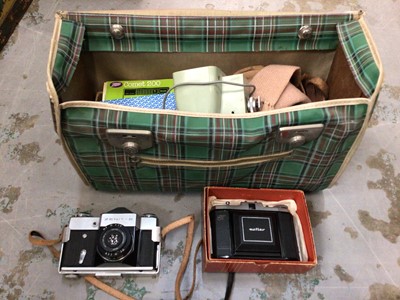 Lot 704 - Three boxes of cameras, photographic and optical equipment, including folding cameras, box cameras, filters, etc