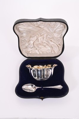 Lot 361 - Late Victorian silver sugar bowl  of circular form with pinched decoration, flared rim and gilded interior, together with a matching spoon (Sheffield 1900), maker Atkin Brothers