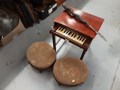 Lot 762 - Brass and horn toasting fork, miniature wooden piano and a pair of footstools