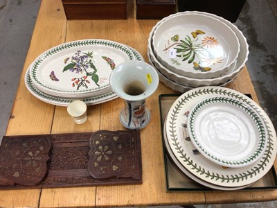 Lot 741 - Portmeirion Botanic Gardens flan dishes, oval plates and coasters, with Japanese Imari vase and bras inlaid and carved wooden book stand