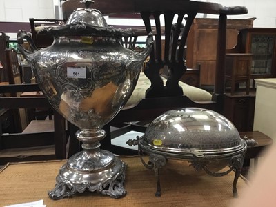 Lot 561 - Victorian silver plated samovar, silver plated revolving entree dish, two Victorian carving sets in fitted cases, pair of silver bon bon dishes and assorted glass stoppers