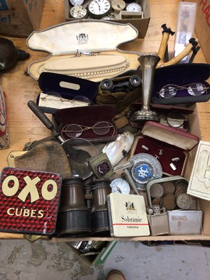 Lot 711 - A tray of collectables, including spectacles, coins, lighters, etc