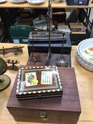 Lot 713 - Two boxes of photo slides, a playing card box, a set of scales with wooden drawer, a leather stationery box and an inkstand