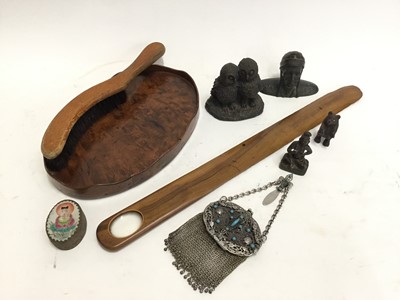 Lot 771 - Vintage white metal mesh purse with inset turquoise, miniature Black Forest type carved bear, Eastern bronze seated figure and sundry items