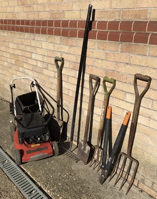 Lot 776 - Mountfield lawn mower together with a selection of garden tools