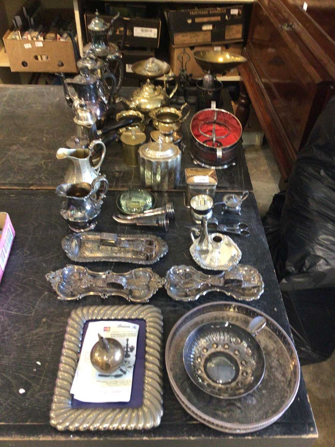 Lot 779 - Collection of silver plated ware to include silver plated hot water jug, coffee pots, brass scales, tea caddies and sundries