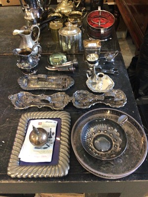 Lot 779 - Collection of silver plated ware to include silver plated hot water jug, coffee pots, brass scales, tea caddies and sundries