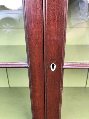 Lot 29 - Georgian mahogany bookcase with dentil cornice, twin glazed doors enclosing adjustable shelves with green painted interior, 124cm wide x 119cm high x 30cm deep