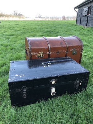 Lot 32 - Vintage dome topped canvas and wooden bound trunk, together with another rectangular trunk, 92cm and 87cm