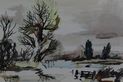 Lot 1105 - *Rowland Suddaby (1912-1972) watercolour - Flood Water on The Stour, signed p