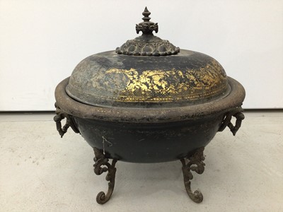 Lot 139 - Regency tole ware oval coal box with gilt painted decoration, on cast scroll legs and swing handles, 52cm high x 52cm wide