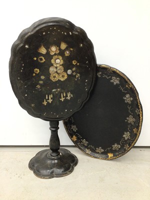 Lot 140 - Victorian papier mache occasional table with shaped oval top painted with flowers, on turned column and shaped pedestal, 67cm wide x 68cm high, together with a decorative 19th oval papier mache tra...